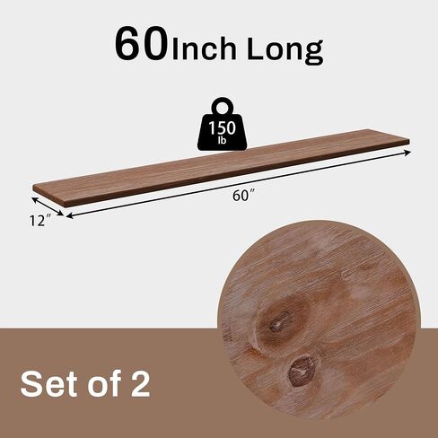 12x60Inch Rustic Walnut Wood Floating Shelves 2-Pack - Farmhouse Brown Wall Shelves with 100 lbs Capacity, Easy Installation for Living Room, Kitchen, Bathroom in Saudi Arabia