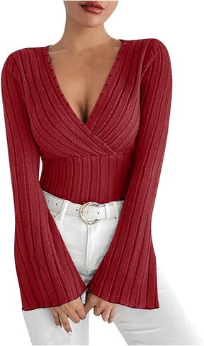 Women's V Neck Ribbed Tops Long Flared Sleeve Slim Fit Stretchy Dressy Shirts Solid Business Casual Trendy Blouses in Saudi Arabia