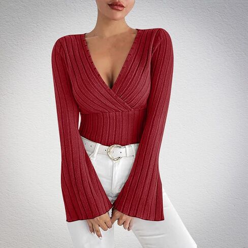 Women's V Neck Ribbed Tops Long Flared Sleeve Slim Fit Stretchy Dressy Shirts Solid Business Casual Trendy Blouses in Saudi Arabia