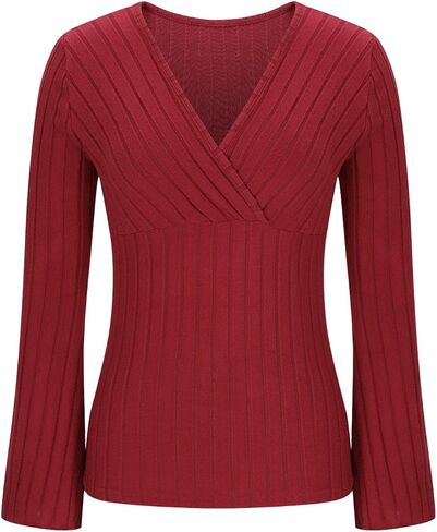 Women's V Neck Ribbed Tops Long Flared Sleeve Slim Fit Stretchy Dressy Shirts Solid Business Casual Trendy Blouses in Saudi Arabia