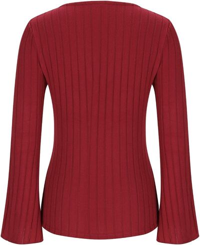Women's V Neck Ribbed Tops Long Flared Sleeve Slim Fit Stretchy Dressy Shirts Solid Business Casual Trendy Blouses in Saudi Arabia