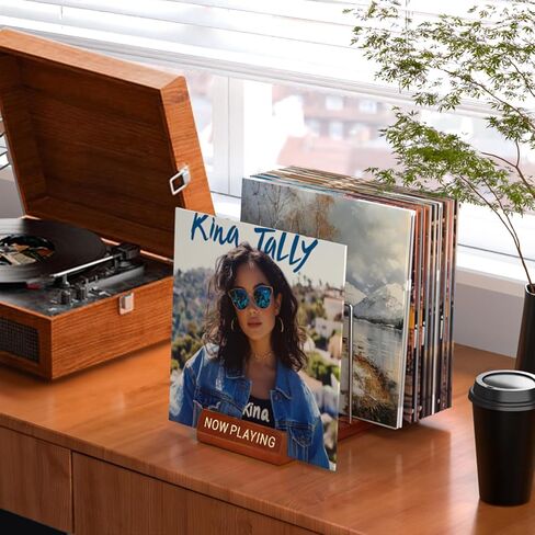 Facmogu Now Playing Vinyl Record Stand, Wooden Vinyl Record Display Holder, Now Spinning Record Rack for Single CD LP Display, Vinyl Record Storage Stand for Albums & LPs, Great Gift for Record Lovers in Kuwait