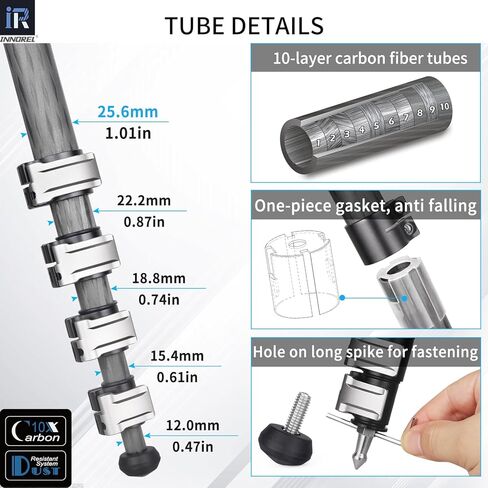 INNOREL حامل ثلاثي من ألياف الكربون GT255CF حامل ثلاثي محمول احترافي مدمج لكاميرا DSLR 5 أقسام حامل كاميرا للسفر يدعم عمود مركزي على شكل خاص أنبوب 1 بوصة/25.6 مم أقصى تحميل 33 رطل/15 كجم in Kuwait