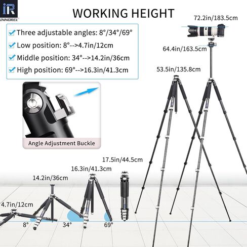 INNOREL حامل ثلاثي من ألياف الكربون GT255CF حامل ثلاثي محمول احترافي مدمج لكاميرا DSLR 5 أقسام حامل كاميرا للسفر يدعم عمود مركزي على شكل خاص أنبوب 1 بوصة/25.6 مم أقصى تحميل 33 رطل/15 كجم in Kuwait