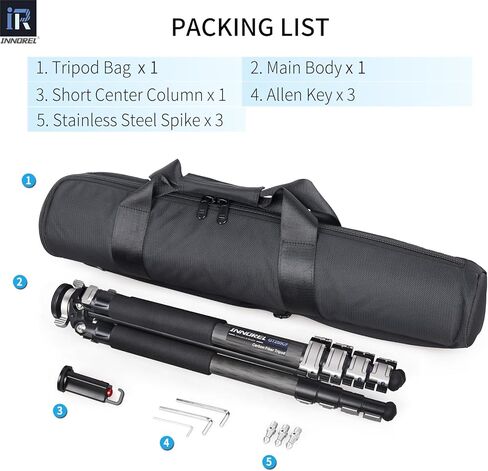 INNOREL حامل ثلاثي من ألياف الكربون GT255CF حامل ثلاثي محمول احترافي مدمج لكاميرا DSLR 5 أقسام حامل كاميرا للسفر يدعم عمود مركزي على شكل خاص أنبوب 1 بوصة/25.6 مم أقصى تحميل 33 رطل/15 كجم in Kuwait