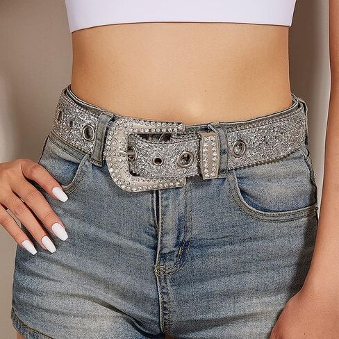Womens-Rhinestone-Western-Cowgirl-Belt - Silver Glitter Diamond Western Belt for Jeans Pants (28''-38'' Waist) in Saudi Arabia