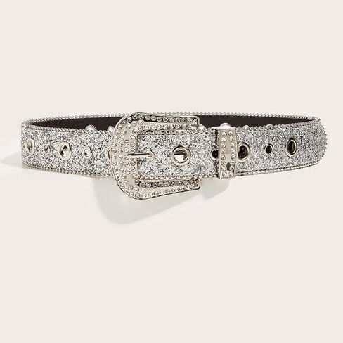 Womens-Rhinestone-Western-Cowgirl-Belt - Silver Glitter Diamond Western Belt for Jeans Pants (28''-38'' Waist) in Saudi Arabia