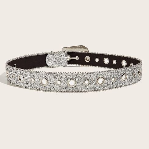 Womens-Rhinestone-Western-Cowgirl-Belt - Silver Glitter Diamond Western Belt for Jeans Pants (28''-38'' Waist) in Saudi Arabia