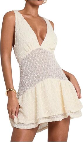 SOLY HUX Women's Summer Crochet Knit Mini Dress Deep V Neck Sleeveless Ruffle Layered A Line Vacation Party Dresses in Saudi Arabia