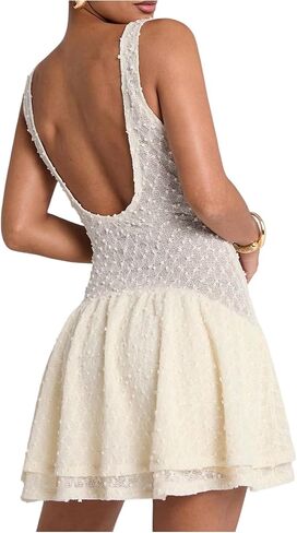 SOLY HUX Women's Summer Crochet Knit Mini Dress Deep V Neck Sleeveless Ruffle Layered A Line Vacation Party Dresses in Saudi Arabia