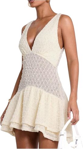 SOLY HUX Women's Summer Crochet Knit Mini Dress Deep V Neck Sleeveless Ruffle Layered A Line Vacation Party Dresses in Saudi Arabia
