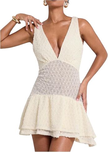 SOLY HUX Women's Summer Crochet Knit Mini Dress Deep V Neck Sleeveless Ruffle Layered A Line Vacation Party Dresses in Saudi Arabia