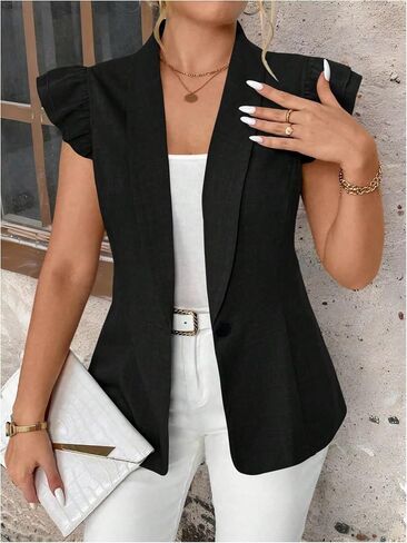 GORGLITTER Women's Plus Size Blazers Vest Open Front Ruffle Cap Sleeve Cardigan Dressy Business Casual Outfits in Saudi Arabia