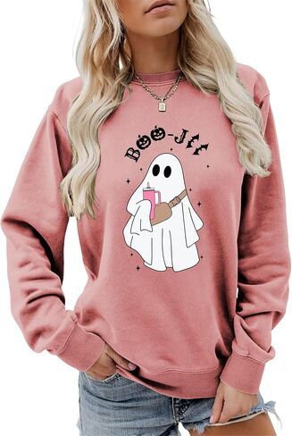 سويت شيرت Boo-Jee Ghost Halloween للنساء لطيف برسومات شبح الخريف لموسم مخيف وأكمام طويلة وفتحة رقبة دائرية in Kuwait
