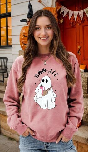 سويت شيرت Boo-Jee Ghost Halloween للنساء لطيف برسومات شبح الخريف لموسم مخيف وأكمام طويلة وفتحة رقبة دائرية in Kuwait