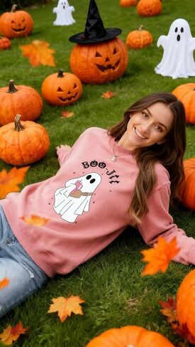 سويت شيرت Boo-Jee Ghost Halloween للنساء لطيف برسومات شبح الخريف لموسم مخيف وأكمام طويلة وفتحة رقبة دائرية in Kuwait