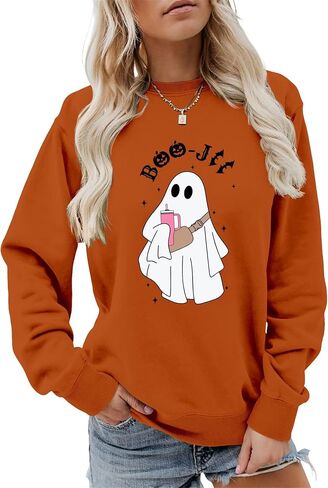 سويت شيرت Boo-Jee Ghost Halloween للنساء لطيف برسومات شبح الخريف لموسم مخيف وأكمام طويلة وفتحة رقبة دائرية in Kuwait