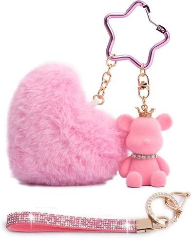 Key Chain Women Cute Bear Bag Charm with Heart Pom Pom Puff Ball Keychain Charms for Purse Backpack in Saudi Arabia