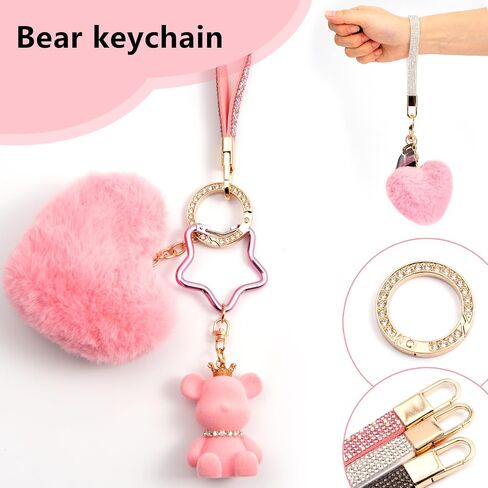 Key Chain Women Cute Bear Bag Charm with Heart Pom Pom Puff Ball Keychain Charms for Purse Backpack in Saudi Arabia