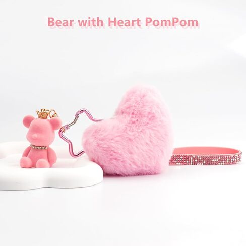 Key Chain Women Cute Bear Bag Charm with Heart Pom Pom Puff Ball Keychain Charms for Purse Backpack in Saudi Arabia