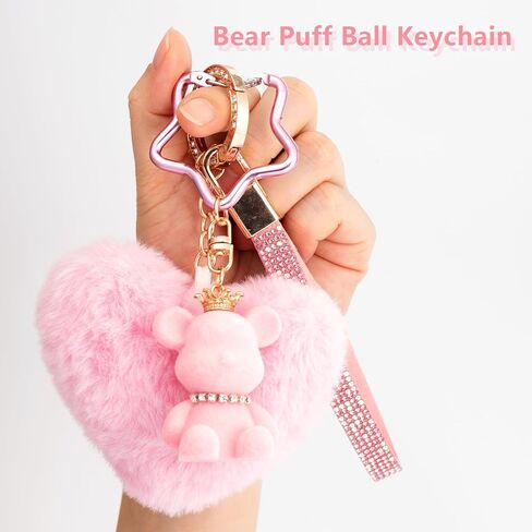 Key Chain Women Cute Bear Bag Charm with Heart Pom Pom Puff Ball Keychain Charms for Purse Backpack in Saudi Arabia