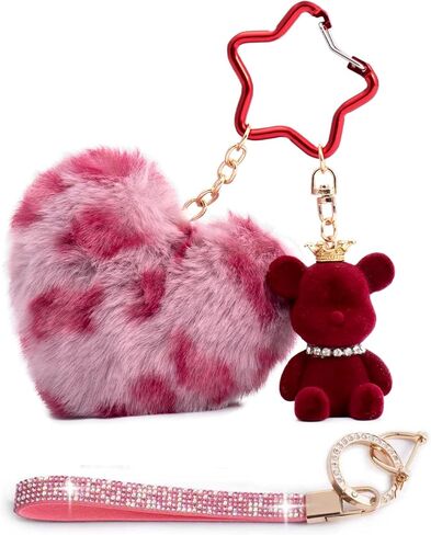 Key Chain Women Cute Bear Bag Charm with Heart Pom Pom Puff Ball Keychain Charms for Purse Backpack in Saudi Arabia