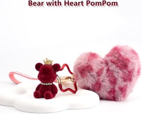 Key Chain Women Cute Bear Bag Charm with Heart Pom Pom Puff Ball Keychain Charms for Purse Backpack in Saudi Arabia