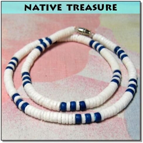 Native Treasure 22" Mens and Womens Summer Beach Surfer Necklace From the Philippines, White Ark Shells and Dodger Blue Coconut Beads in Kuwait