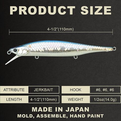 LUCKY CRAFT Lightning Pointer 110SP, Jerkbait side by side Action Tournament Winning Perfect Wobbling Freshwater Lake Bass Fishing Champion Bait (270 MS American Shad) in Kuwait