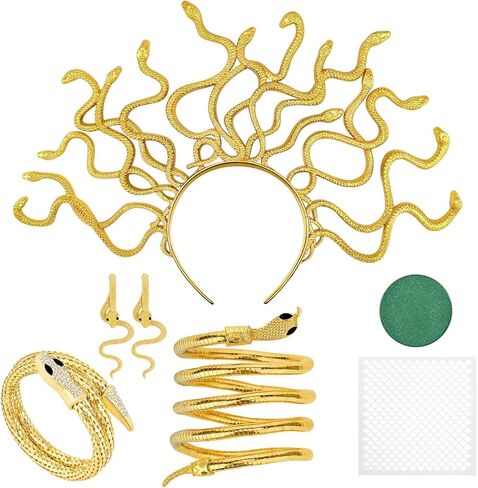 6 Pcs Medusa Snake Costume Accessories Include Golden Snake Headband Necklace Earrings Bracelet Green Eye-Shadow Scale Template for Women Halloween Dress up in Kuwait