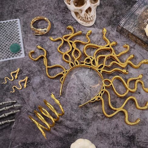 6 Pcs Medusa Snake Costume Accessories Include Golden Snake Headband Necklace Earrings Bracelet Green Eye-Shadow Scale Template for Women Halloween Dress up in Kuwait