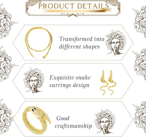6 Pcs Medusa Snake Costume Accessories Include Golden Snake Headband Necklace Earrings Bracelet Green Eye-Shadow Scale Template for Women Halloween Dress up in Kuwait