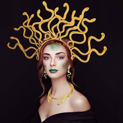 6 Pcs Medusa Snake Costume Accessories Include Golden Snake Headband Necklace Earrings Bracelet Green Eye-Shadow Scale Template for Women Halloween Dress up in Kuwait