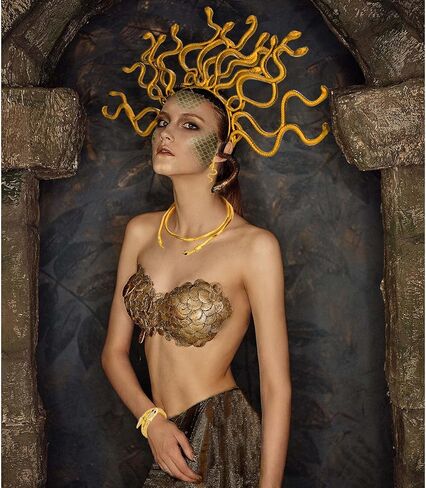 6 Pcs Medusa Snake Costume Accessories Include Golden Snake Headband Necklace Earrings Bracelet Green Eye-Shadow Scale Template for Women Halloween Dress up in Kuwait