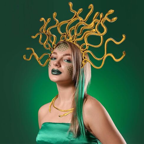 6 Pcs Medusa Snake Costume Accessories Include Golden Snake Headband Necklace Earrings Bracelet Green Eye-Shadow Scale Template for Women Halloween Dress up in Kuwait
