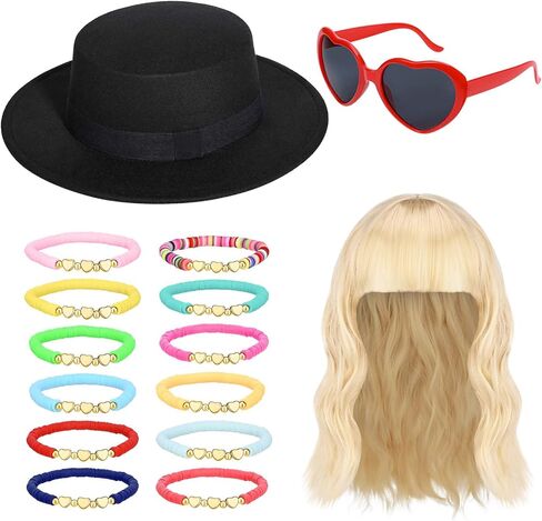 4 قطع زي مغني الهالوين تتضمن قبعة فيدورا سوداء، شعر مستعار أشقر، نظارات شمسية على شكل قلب وأساور الصداقة للنساء في الحفلات الموسيقية والمهرجانات in Kuwait