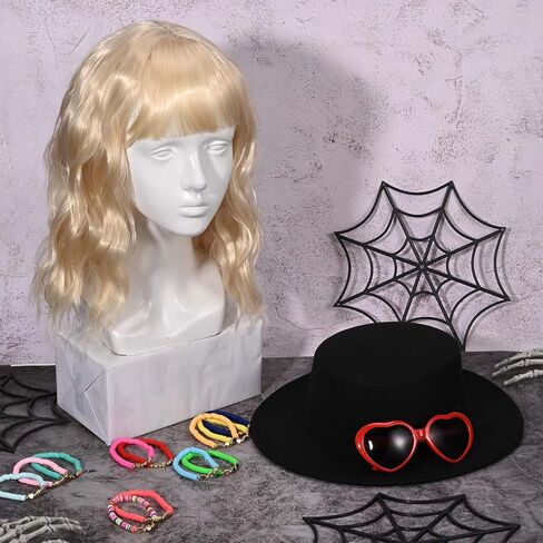 4 قطع زي مغني الهالوين تتضمن قبعة فيدورا سوداء، شعر مستعار أشقر، نظارات شمسية على شكل قلب وأساور الصداقة للنساء في الحفلات الموسيقية والمهرجانات in Kuwait