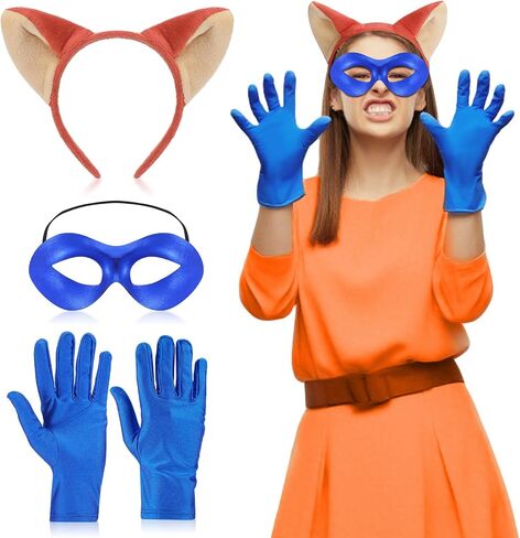 Mepase 3 Pcs Halloween Fox Costume Accessories Animal Sneaky Costume Include Fox Mask, Orange Plush Animal Ears Headband and Blue Gloves for Women Halloween Festival Party Fancy Dress up Supplies in Saudi Arabia