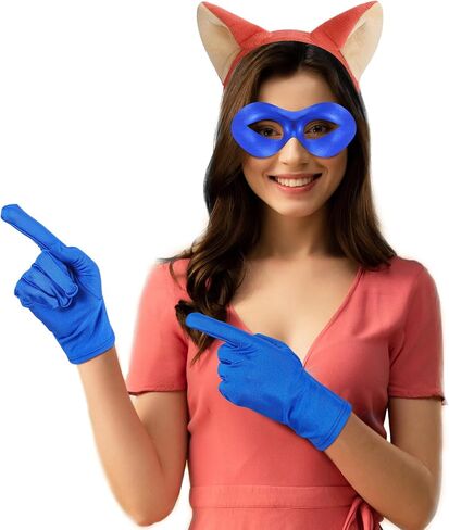 Mepase 3 Pcs Halloween Fox Costume Accessories Animal Sneaky Costume Include Fox Mask, Orange Plush Animal Ears Headband and Blue Gloves for Women Halloween Festival Party Fancy Dress up Supplies in Saudi Arabia