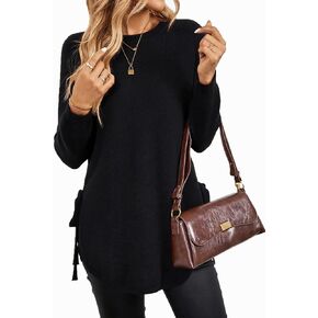 Womens Fall Crewneck Long Sleeve Tunic Sweaters Pullover Work Casual Side Slit Curved Asymmetrical Hem Bow Tie Knit Tops in Kuwait
