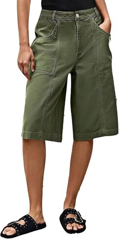 Flamingals Solid Stitch High Waist Bermuda Shorts for Women Casual Summer Stretch Cotton Shorts with Pockets and Zipper in Saudi Arabia