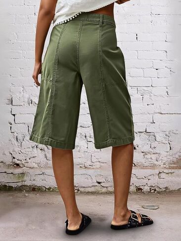 Flamingals Solid Stitch High Waist Bermuda Shorts for Women Casual Summer Stretch Cotton Shorts with Pockets and Zipper in Saudi Arabia