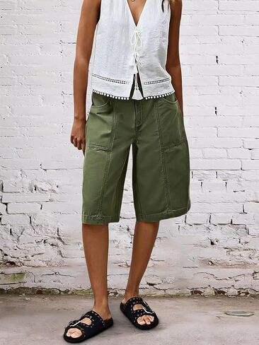 Flamingals Solid Stitch High Waist Bermuda Shorts for Women Casual Summer Stretch Cotton Shorts with Pockets and Zipper in Saudi Arabia