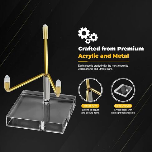 حامل عرض حامل أكريليك مكون من قطعتين، حامل أذرع معدنية ذهبية قابلة للتعديل لأصداف معادن صخور الجيود الكريستالية، قاعدة شفافة صغيرة مقاس 2 × 2 × 3 بوصة مع نصائح واقية in Saudi Arabia