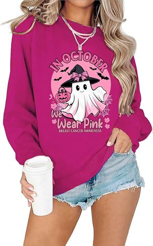 Breast Cancer Sweatshirt for Women In October We Wear Pink Shirt Cute Halloween Ghost Graphic Long Sleeve Tops in Saudi Arabia
