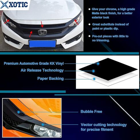 x xotic tech Front Grille Chrome Delete Blackout Precut Vinyl Wrap Cover, Compatible with Honda Civic 10th Gen 2016-2021 (Matte Black) in Saudi Arabia