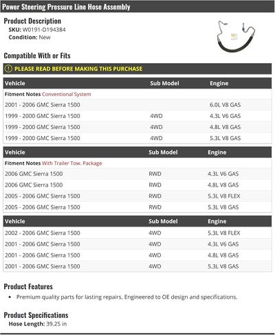 Power Steering Pressure Line Hose Assembly - 39.25 Inch Compatible with 1999-2006 GMC Sierra 1500 in Saudi Arabia