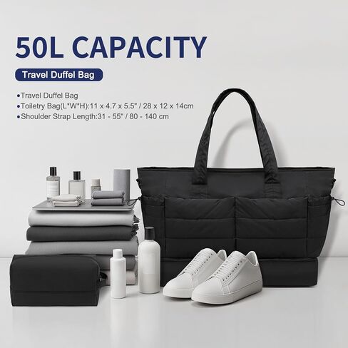 50L Travel Duffel Bag for Women, Weekender Overnight Bag W/Toiletry Bag+Shoe Compartment, TSA Carry-On Bag for Travel Gym, Black in Saudi Arabia