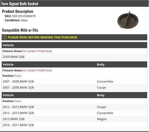 Turn Signal Bulb Socket - Compatible with 2007-2013 BMW 328i (For Amber PY24W Bulb) in Saudi Arabia