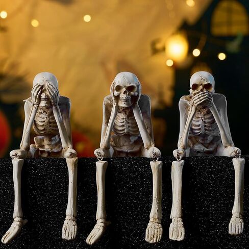 Halloween Decorations Indoor Skeleton Statues See Speak Hear No Evil Figurines for Mantel Table - Realistic Resin Skull Spooky Gothic Home Decor Set of 3 in Saudi Arabia